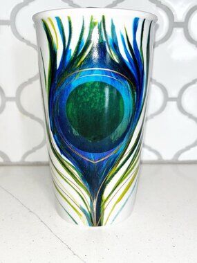 Starbucks 2015 Peacock Feather Ceramic 12 oz Coffee Mug Travel Cup w/Lid NEW